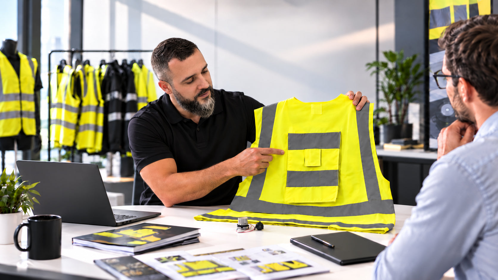 Un revendeur présente le gilet pédagogique API Attitude à un client professionnel