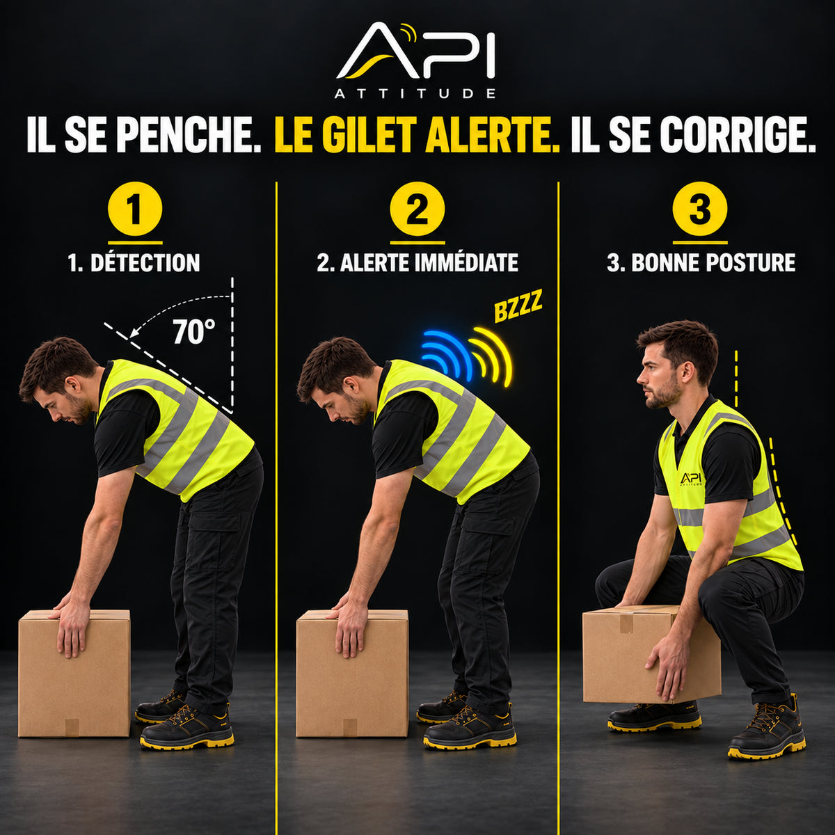 Trois étapes d’une mise en situation avec le gilet API