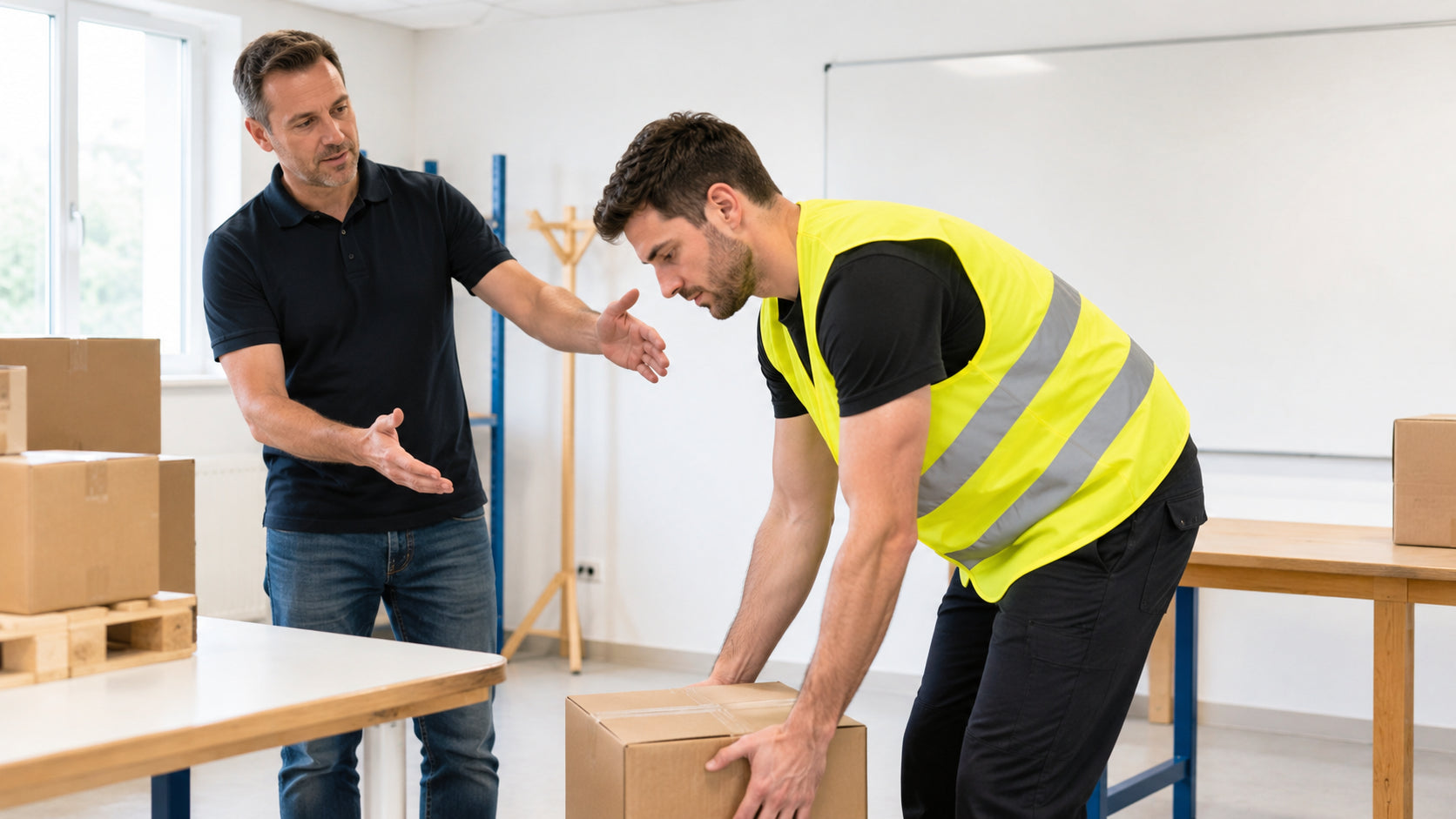 Un formateur observe un stagiaire en gilet haute visibilité qui soulève un carton en arrondissant le dos