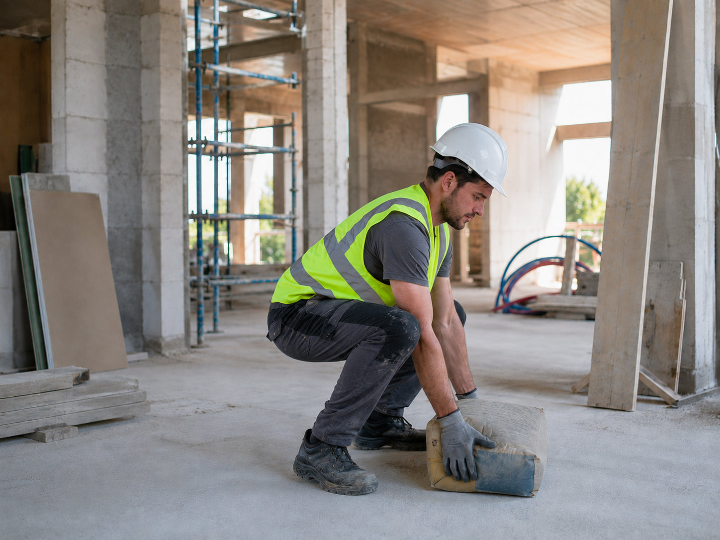 Un compagnon en gilet haute visibilité et casque de chantier fléchit les jambes pour soulever un bloc de béton