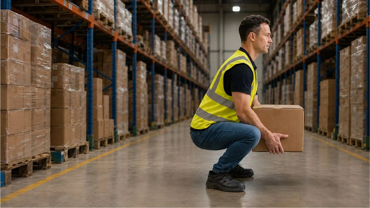Personne portant le gilet API et soulevant un carton